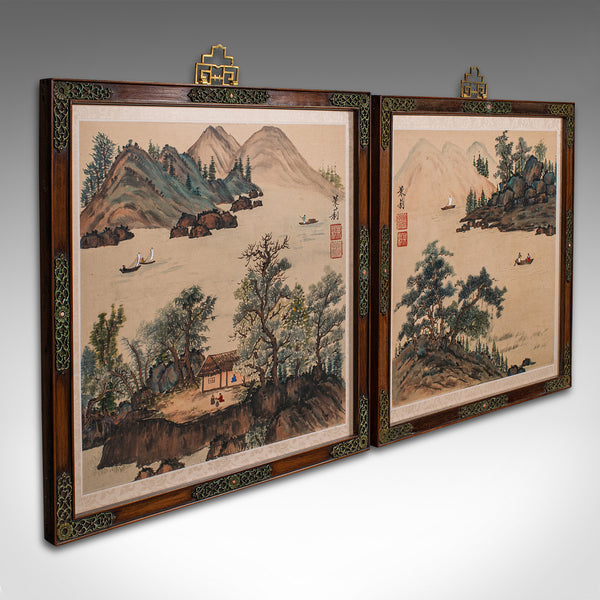 Pair Of Antique Yangtze River Scenes, Chinese, Framed, Embroidered Landscapes