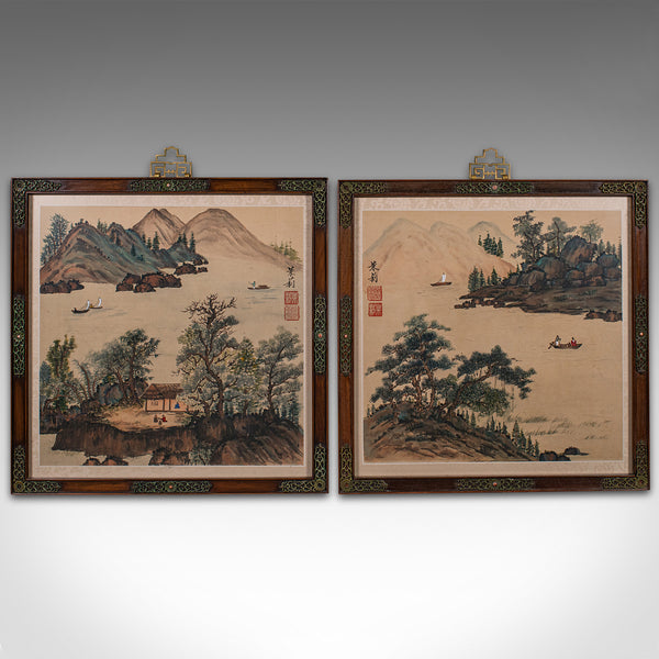 Pair Of Antique Yangtze River Scenes, Chinese, Framed, Embroidered Landscapes