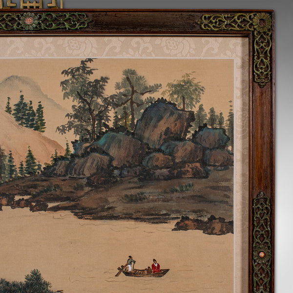 Pair Of Antique Yangtze River Scenes, Chinese, Framed, Embroidered Landscapes