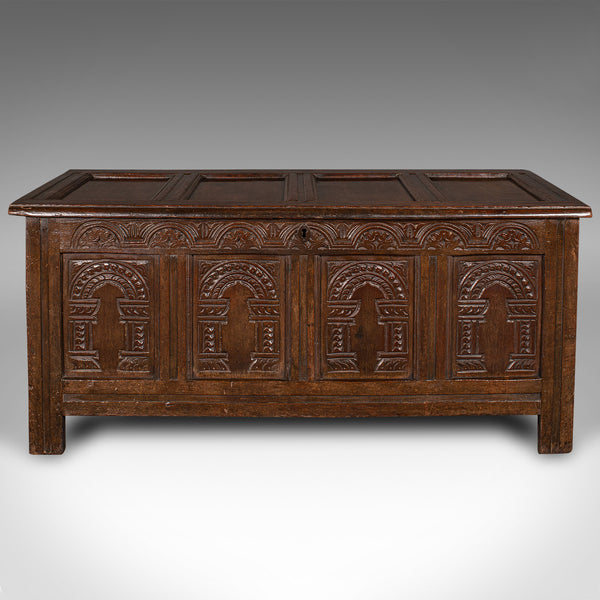 Large Antique Coffer, English, Oak, Carved Trunk, Window Seat, William III, 1700