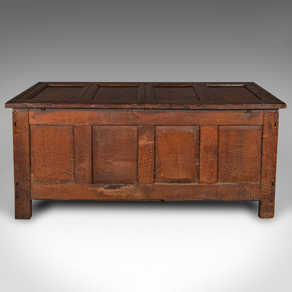 Large Antique Coffer, English, Oak, Carved Trunk, Window Seat, William III, 1700