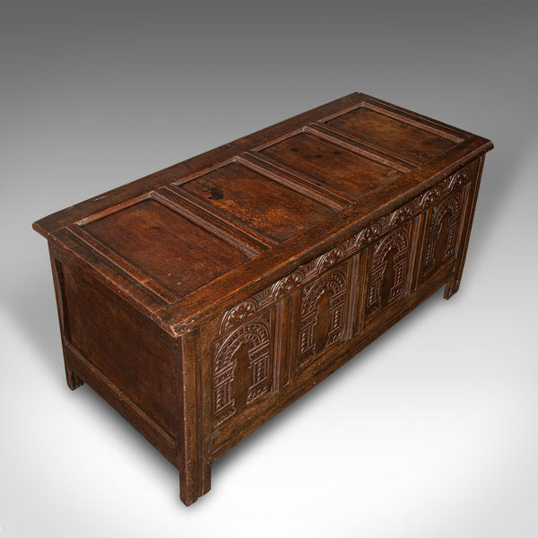 Large Antique Coffer, English, Oak, Carved Trunk, Window Seat, William III, 1700