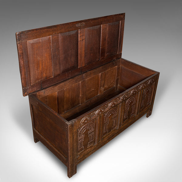 Large Antique Coffer, English, Oak, Carved Trunk, Window Seat, William III, 1700
