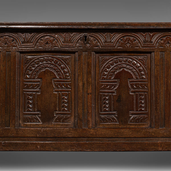 Large Antique Coffer, English, Oak, Carved Trunk, Window Seat, William III, 1700