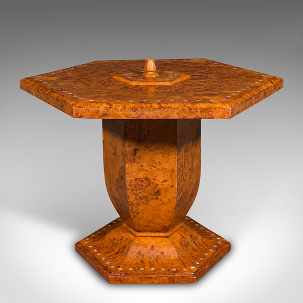 Vintage Hexagonal Coffee Table, English, Burr Walnut, Centrepiece, Art Deco