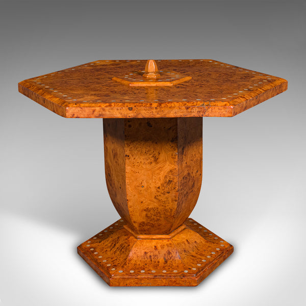 Vintage Hexagonal Coffee Table, English, Burr Walnut, Centrepiece, Art Deco