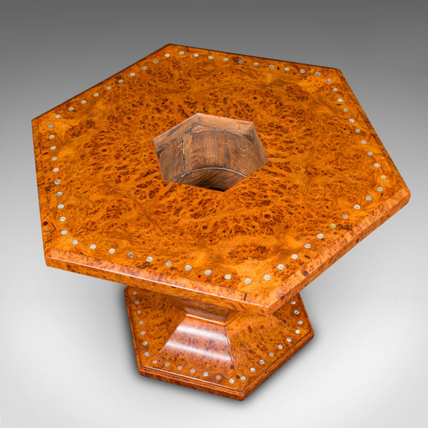 Vintage Hexagonal Coffee Table, English, Burr Walnut, Centrepiece, Art Deco