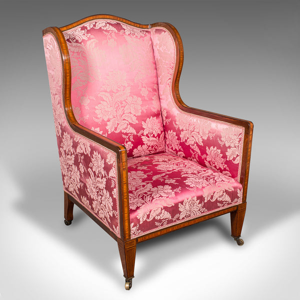 Antique Wing Back Chair, English, Silk Cotton, Morning Room Armchair, Edwardian