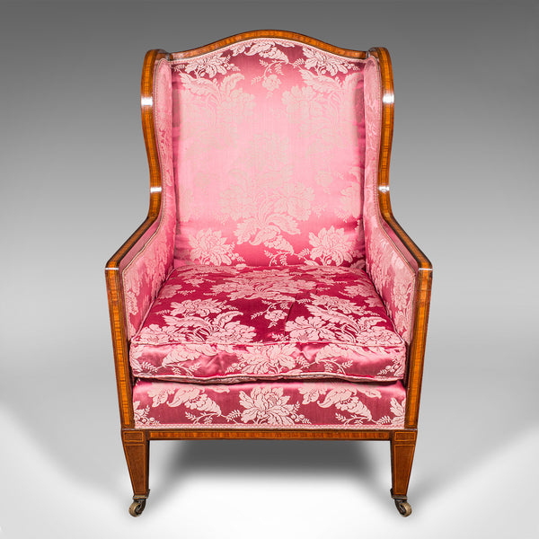Antique Wing Back Chair, English, Silk Cotton, Morning Room Armchair, Edwardian