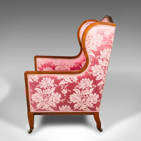 Antique Wing Back Chair, English, Silk Cotton, Morning Room Armchair, Edwardian