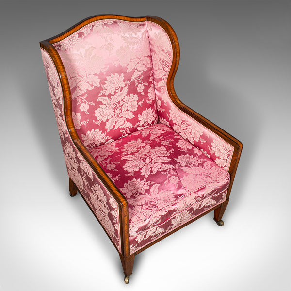 Antique Wing Back Chair, English, Silk Cotton, Morning Room Armchair, Edwardian
