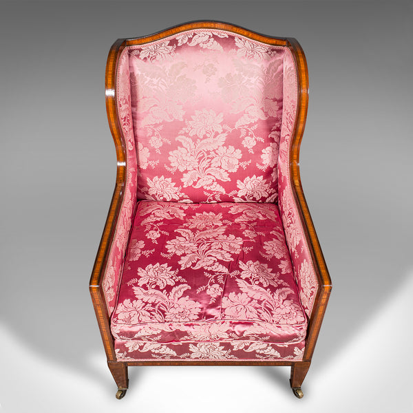 Antique Wing Back Chair, English, Silk Cotton, Morning Room Armchair, Edwardian
