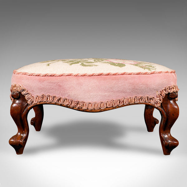 Small Antique Footstool, English, Walnut, Low Fireside Footrest, Early Victorian