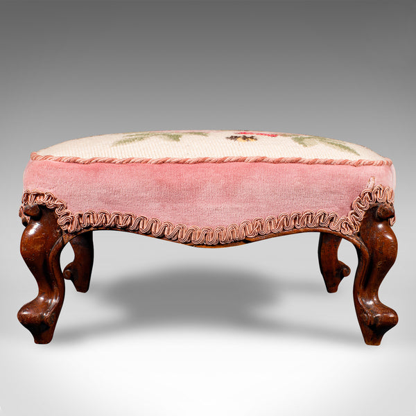 Small Antique Footstool, English, Walnut, Low Fireside Footrest, Early Victorian