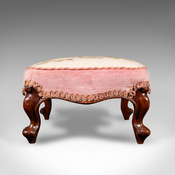 Small Antique Footstool, English, Walnut, Low Fireside Footrest, Early Victorian