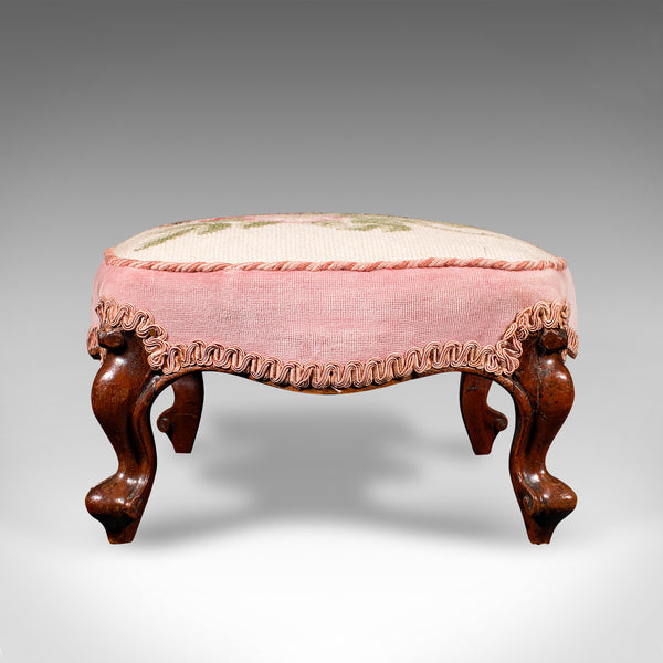 Small Antique Footstool, English, Walnut, Low Fireside Footrest, Early Victorian