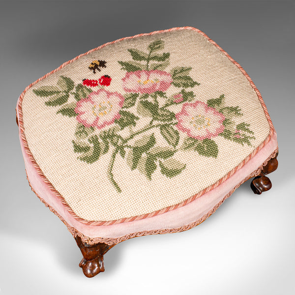 Small Antique Footstool, English, Walnut, Low Fireside Footrest, Early Victorian