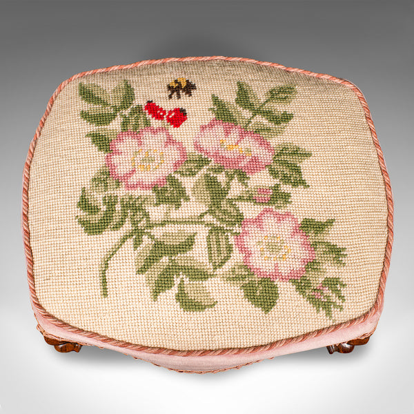 Small Antique Footstool, English, Walnut, Low Fireside Footrest, Early Victorian