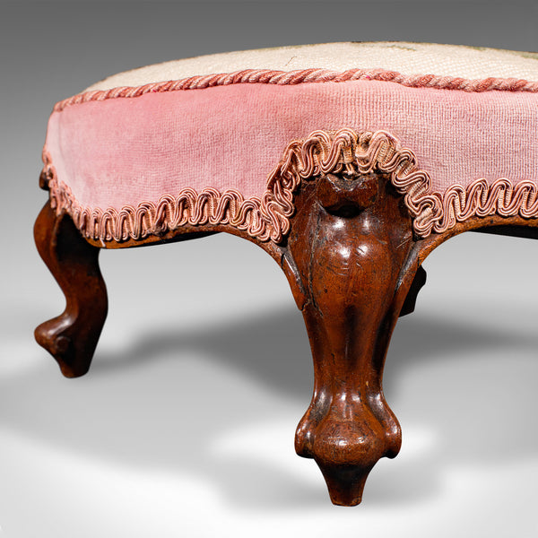 Small Antique Footstool, English, Walnut, Low Fireside Footrest, Early Victorian