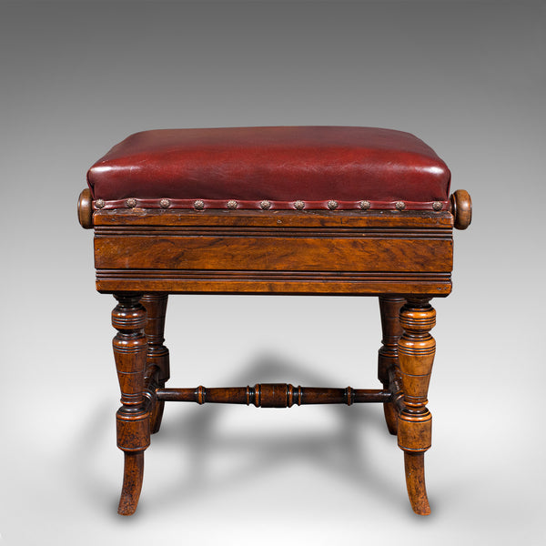 Antique Piano Stool, English, Walnut, Adjustable Music Riser, Brooks, Victorian
