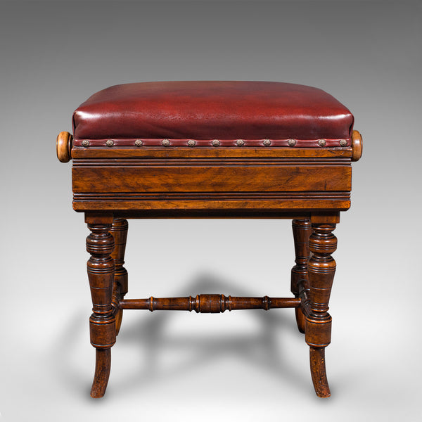 Antique Piano Stool, English, Walnut, Adjustable Music Riser, Brooks, Victorian