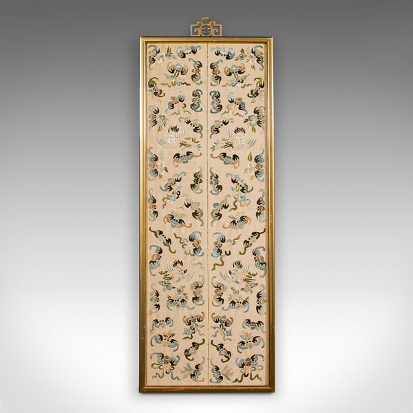 Antique Decorative Panel, Chinese, Framed, Silk Cotton, Embroidered, Victorian