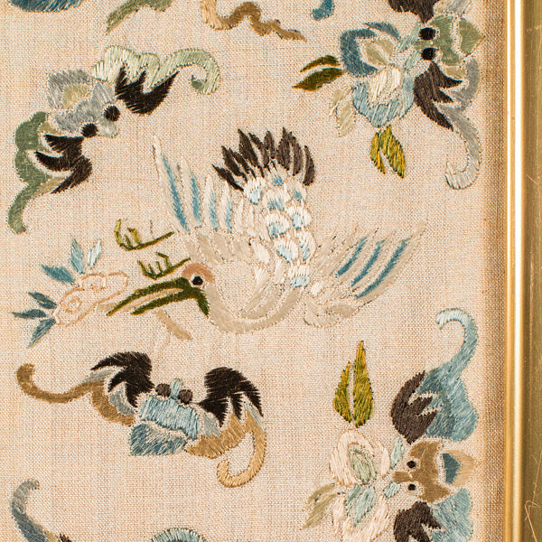 Antique Decorative Panel, Chinese, Framed, Silk Cotton, Embroidered, Victorian