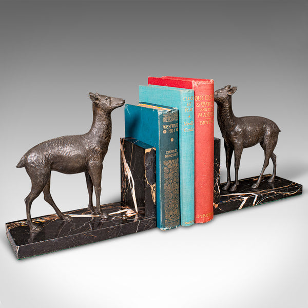 Pair Of Antique Doe Bookends, English, Spelter Bronze Deer, Book Rest, Edwardian