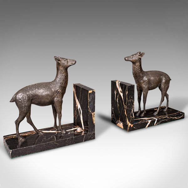 Pair Of Antique Doe Bookends, English, Spelter Bronze Deer, Book Rest, Edwardian