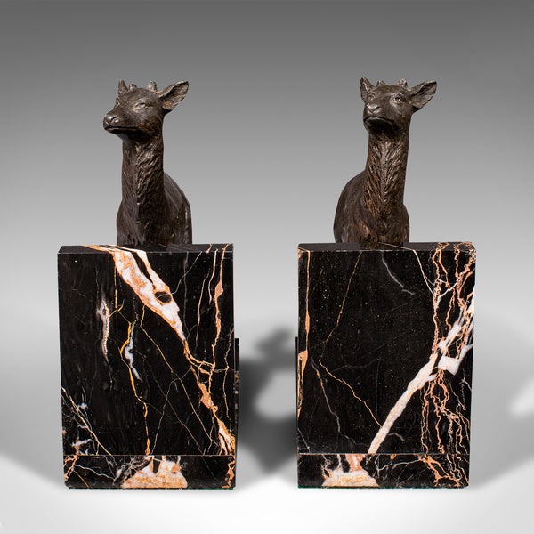 Pair Of Antique Doe Bookends, English, Spelter Bronze Deer, Book Rest, Edwardian