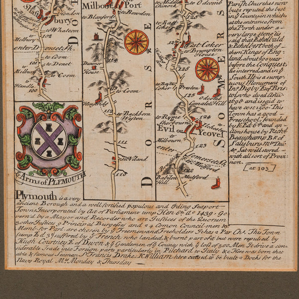 Antique Coaching Road Map, Devon, English, Regional Cartography, Georgian, 1720