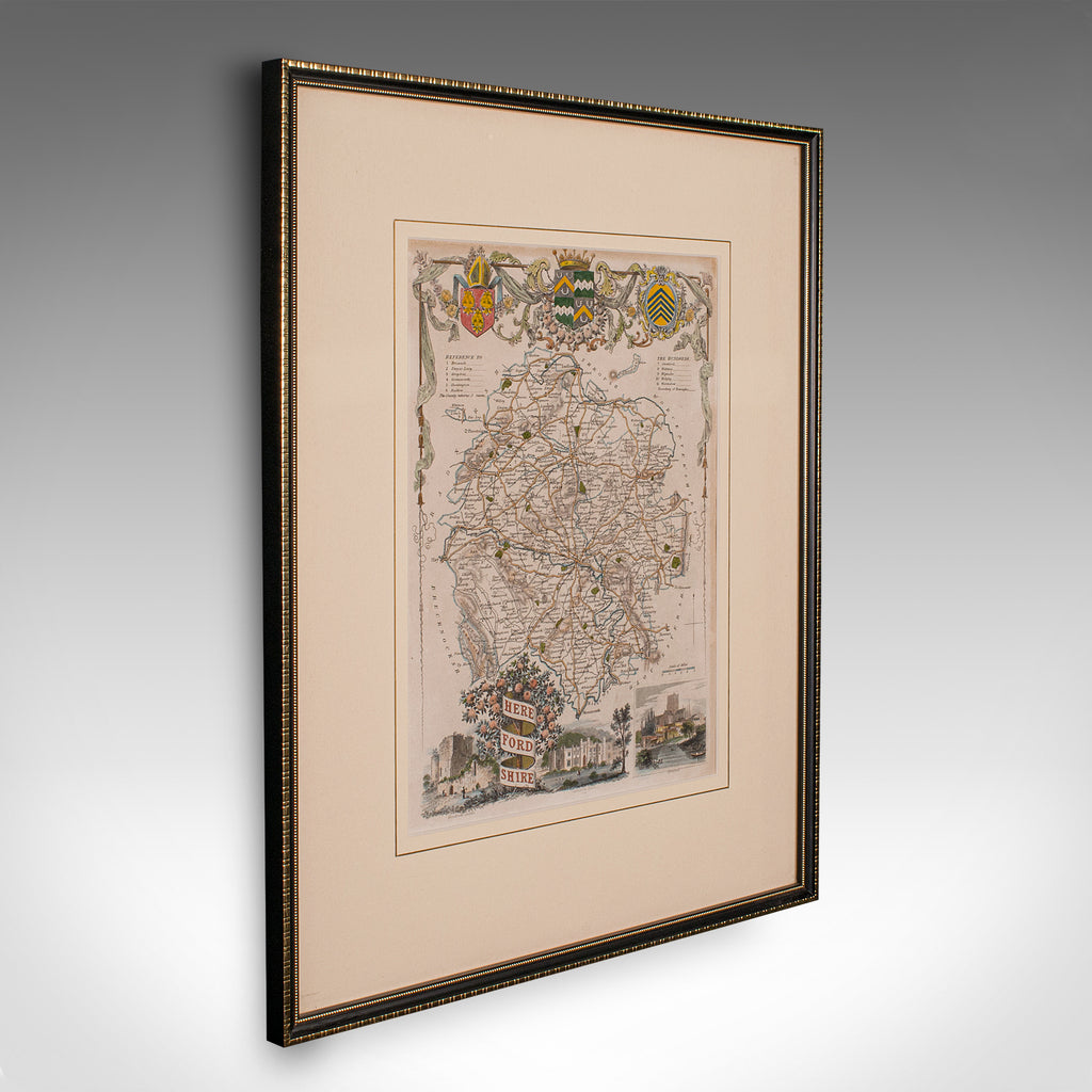 Antique Lithography Map, Herefordshire, English, Framed Engraving, Cartography