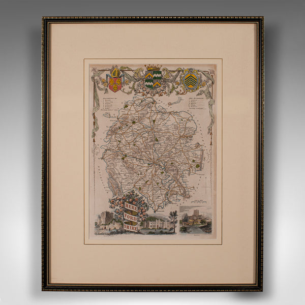 Antique Lithography Map, Herefordshire, English, Framed Engraving, Cartography