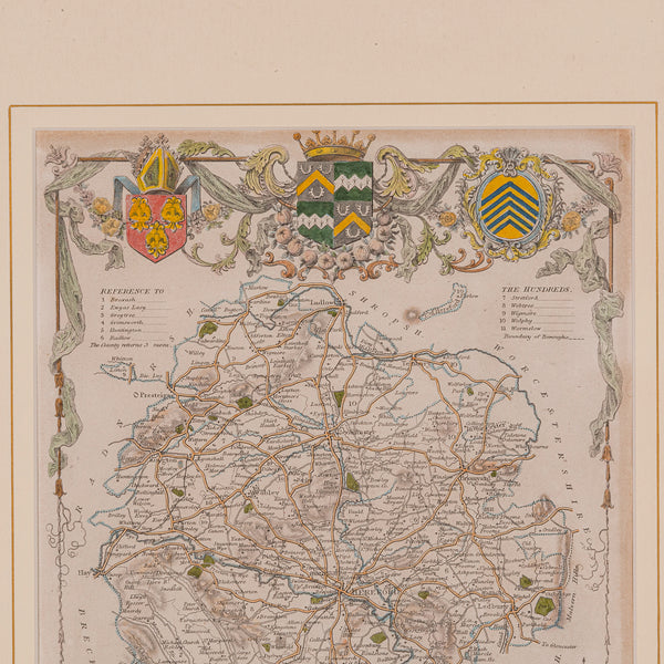 Antique Lithography Map, Herefordshire, English, Framed Engraving, Cartography