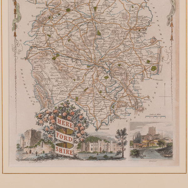 Antique Lithography Map, Herefordshire, English, Framed Engraving, Cartography