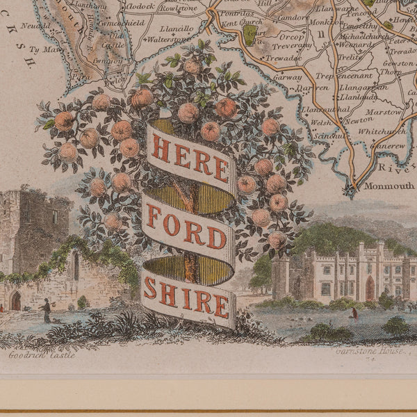 Antique Lithography Map, Herefordshire, English, Framed Engraving, Cartography