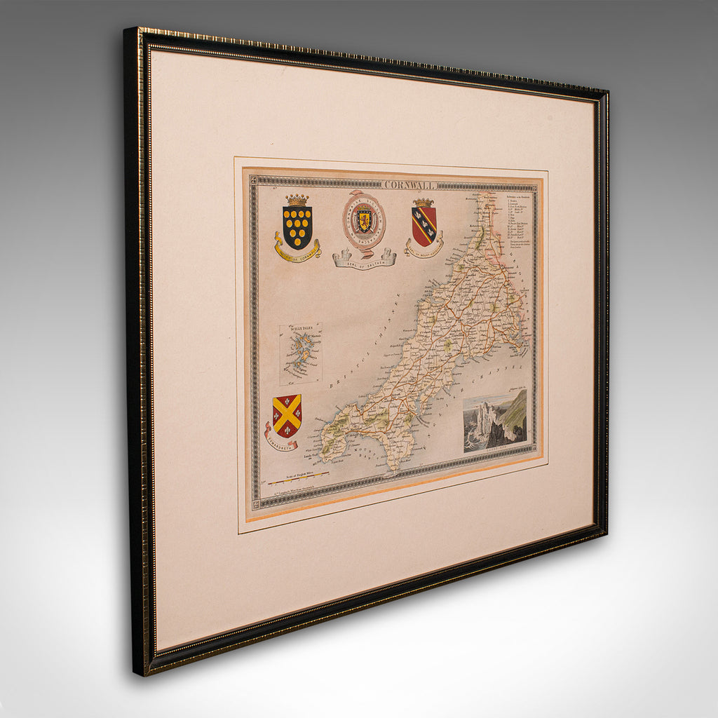 Antique Lithography Map, Cornwall, English Framed Engraving, Cartography, C.1850