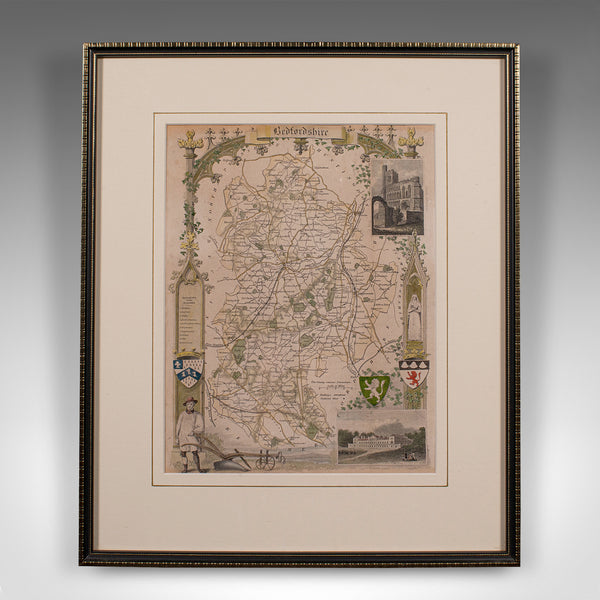 Antique Lithography Map, Bedfordshire, English, Framed Engraving, Cartography