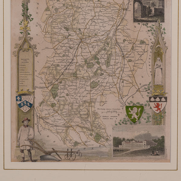 Antique Lithography Map, Bedfordshire, English, Framed Engraving, Cartography