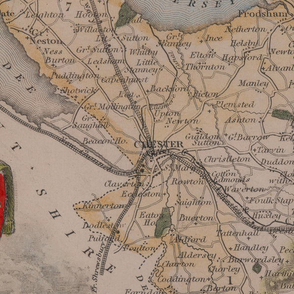 Antique Lithography Map of Cheshire, English, Framed, Cartography, Victorian