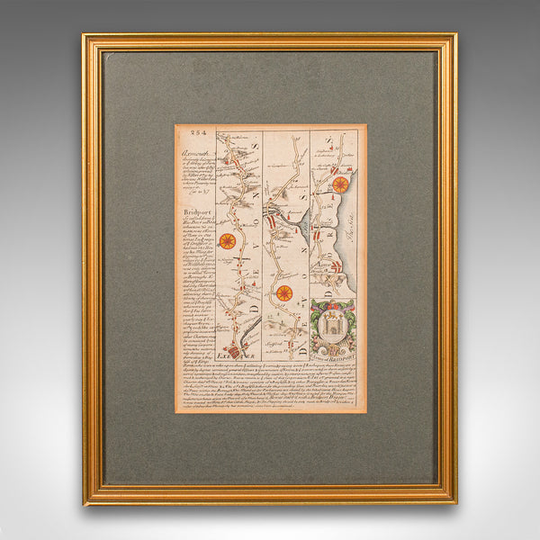 Antique Coach Road Map, East Devon, English, Framed, Cartography, Georgian, 1720
