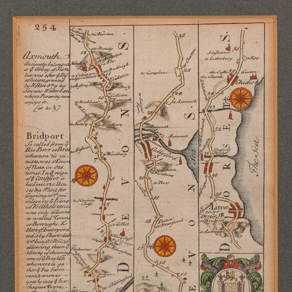Antique Coach Road Map, East Devon, English, Framed, Cartography, Georgian, 1720