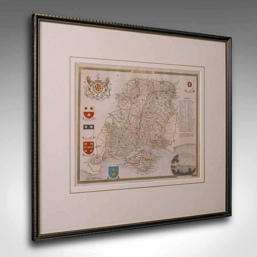 Antique Lithography Map, Hampshire, England, Framed Cartography, Victorian, 1850