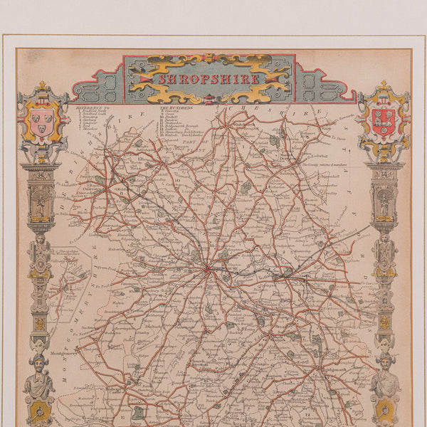 Antique Lithography Map, Shropshire, English, Framed, Cartography, Victorian