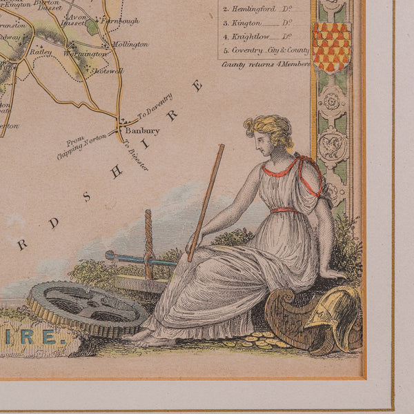 Antique Lithography Map, Warwickshire, English, Framed, Cartography, Victorian