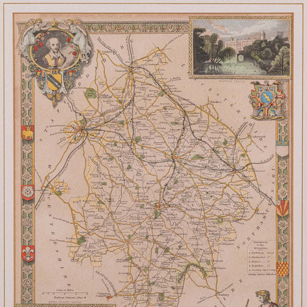 Antique Lithography Map, Warwickshire, English, Framed, Cartography, Victorian