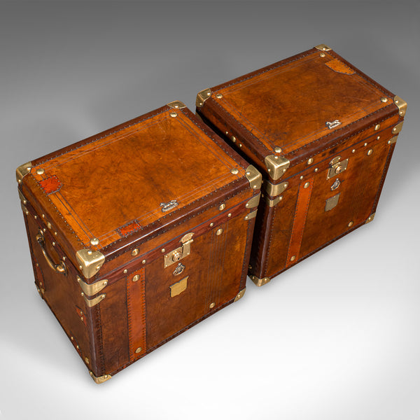 Pair Of Vintage Officer's Campaign Luggage, English, Leather Cases, Nightstand