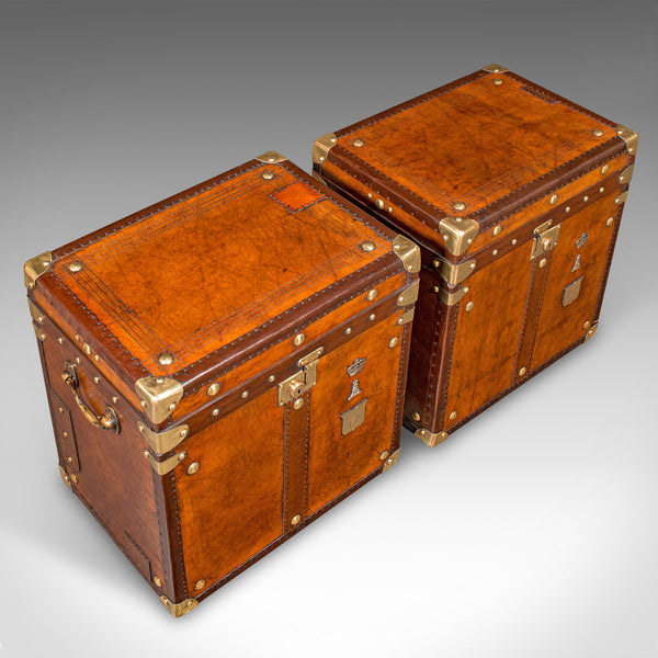 Pair Of Vintage Campaign Luggage Cases, English, Leather, Bedroom Nightstands