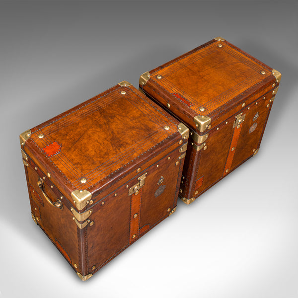 Pair Of Vintage Officer's Luggage Cases, English, Leather, Bedside Nightstand