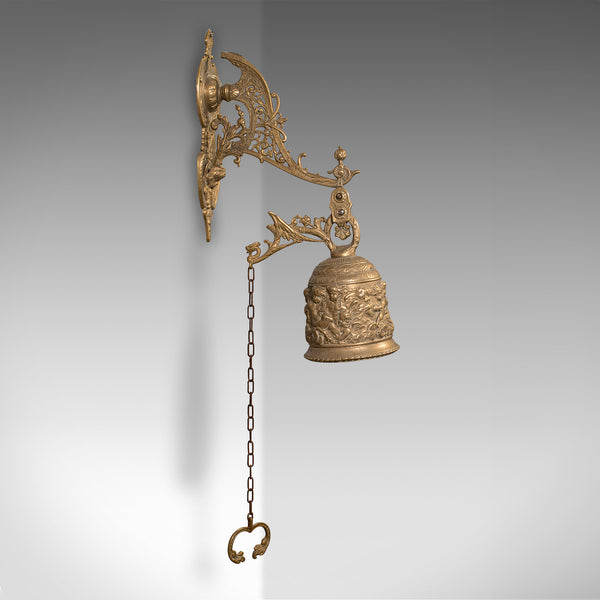 Antique School Bell, Continental, Brass, Wall Mounted Chime, Ornate, Victorian